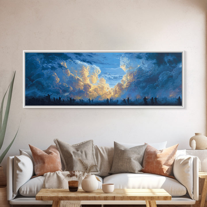 Glowing Sky Celebration Canvas Print, African Spiritual Wall Decor, Blue Gold Cloud Landscape, Afrocentric Home Decor Gift