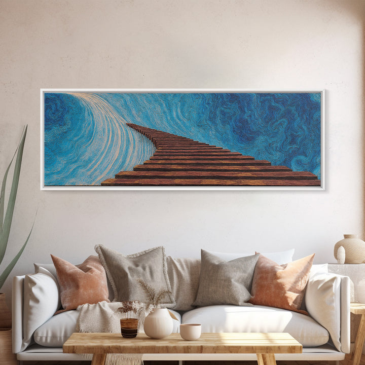 Surreal Wooden Stairway To Blue Sky, Abstract African Inspired Wall Art, Modern Canvas Art, Large Home Decor Gift, Statement Wall Decor