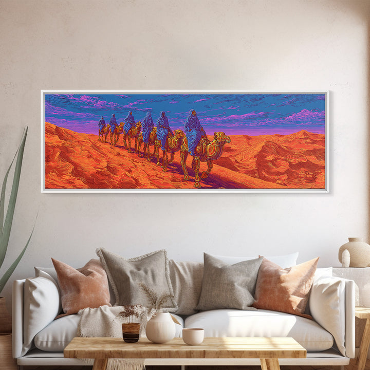 Vibrant Camel Caravan In Orange Desert Mountains, African Safari Art Canvas Print, Serengeti Wall Decor, Travel Gift, Unique Home Decor