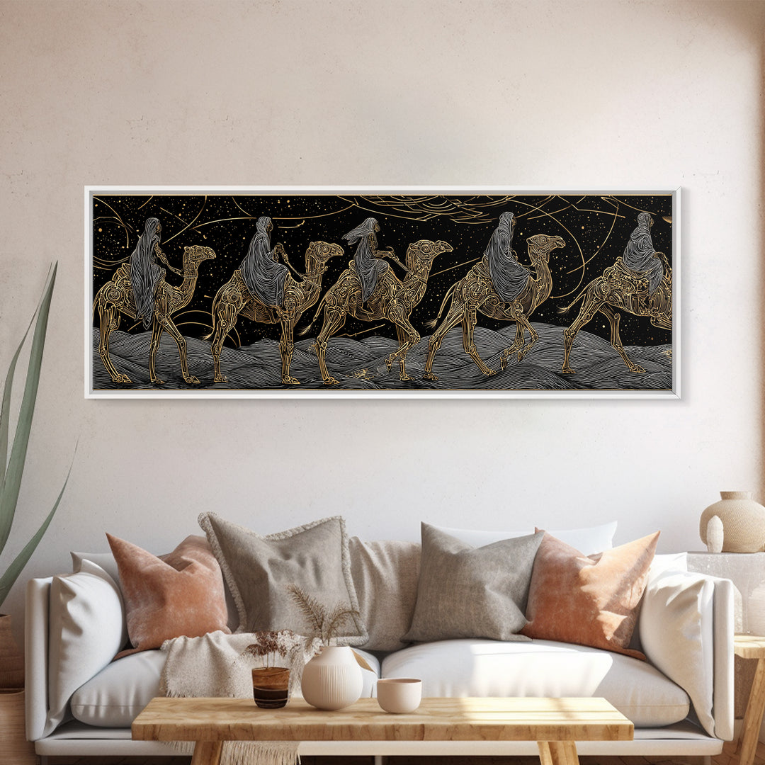Gold Line Camel Caravan Under Celestial Night, African Safari Art Canvas Print, Black And Gold Art, Bohemian Wall Decor Gift