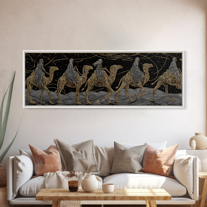 Gold Line Camel Caravan Under Celestial Night, African Safari Art Canvas Print, Black And Gold Art, Bohemian Wall Decor Gift