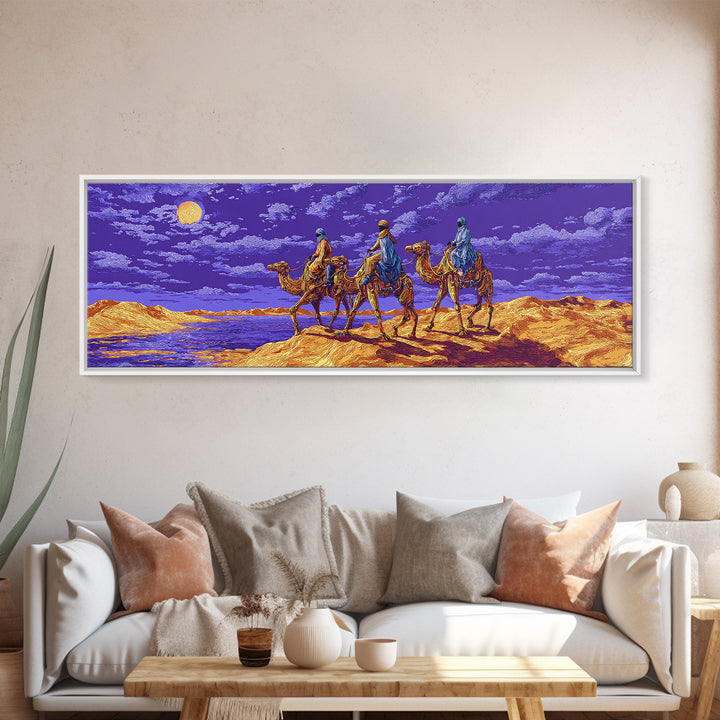Moonlit Camel Caravan Across Purple Dunes, African Safari Art Framed Canvas Print, Dreamy Wall Art, Unique Home Decor Gift