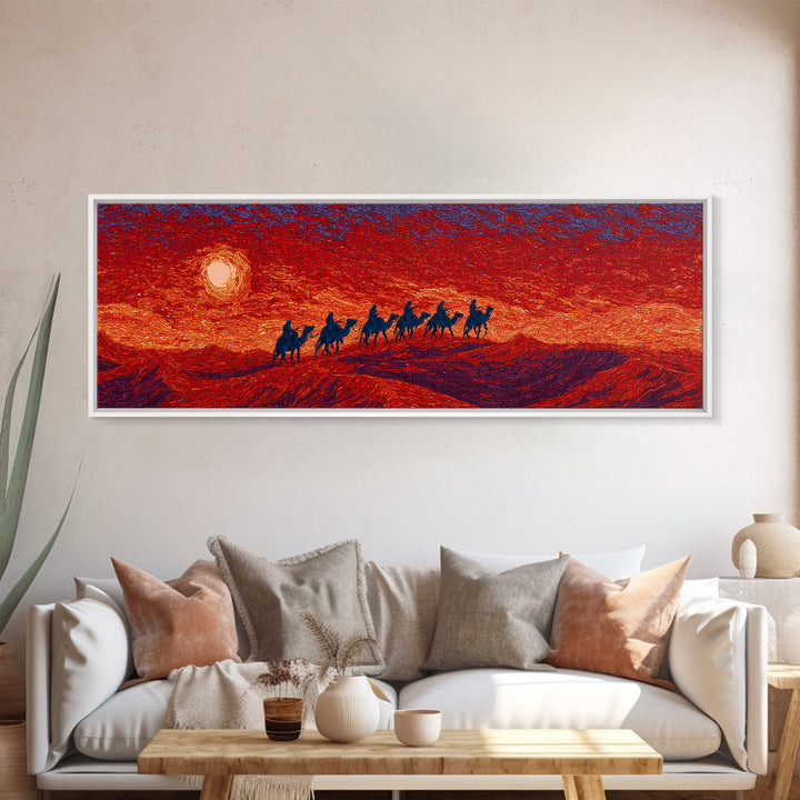 Fiery Sunset Camel Caravan Silhouettes Over Dunes, African Safari Art Canvas Print, Burnt Orange Wall Decor, Travel Gift