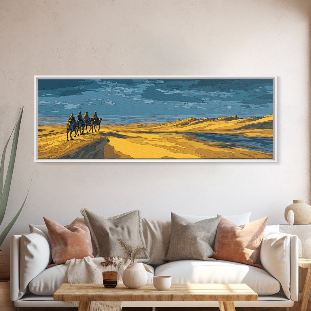 Blue And Gold Desert Riders By Water, African Safari Art Wall Art, Serengeti Landscape, Modern Home Decor, Unique Travel Gift
