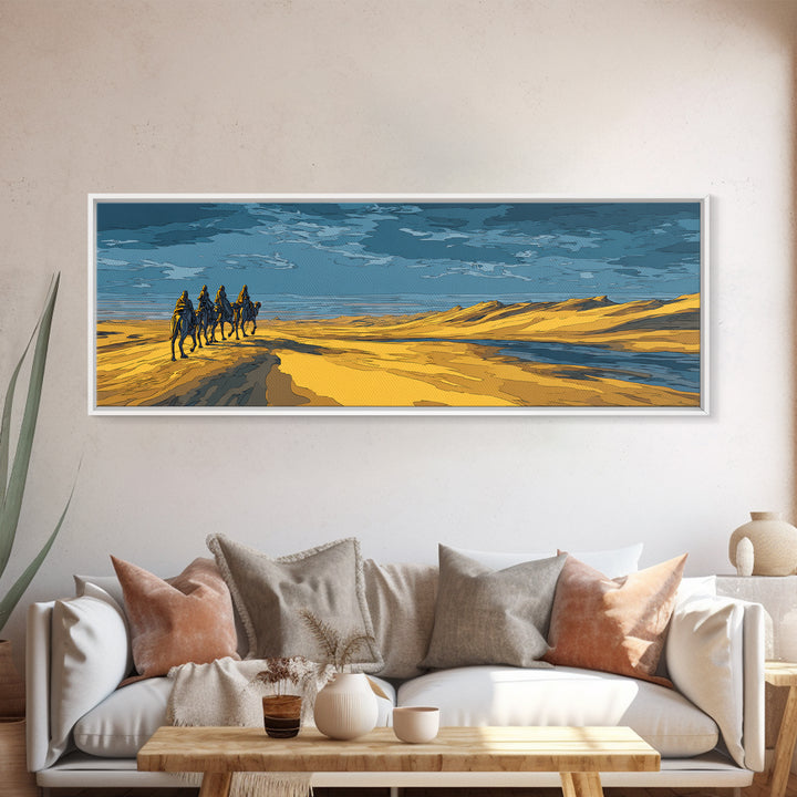Blue And Gold Desert Riders By Water, African Safari Art Wall Art, Serengeti Landscape, Modern Home Decor, Unique Travel Gift
