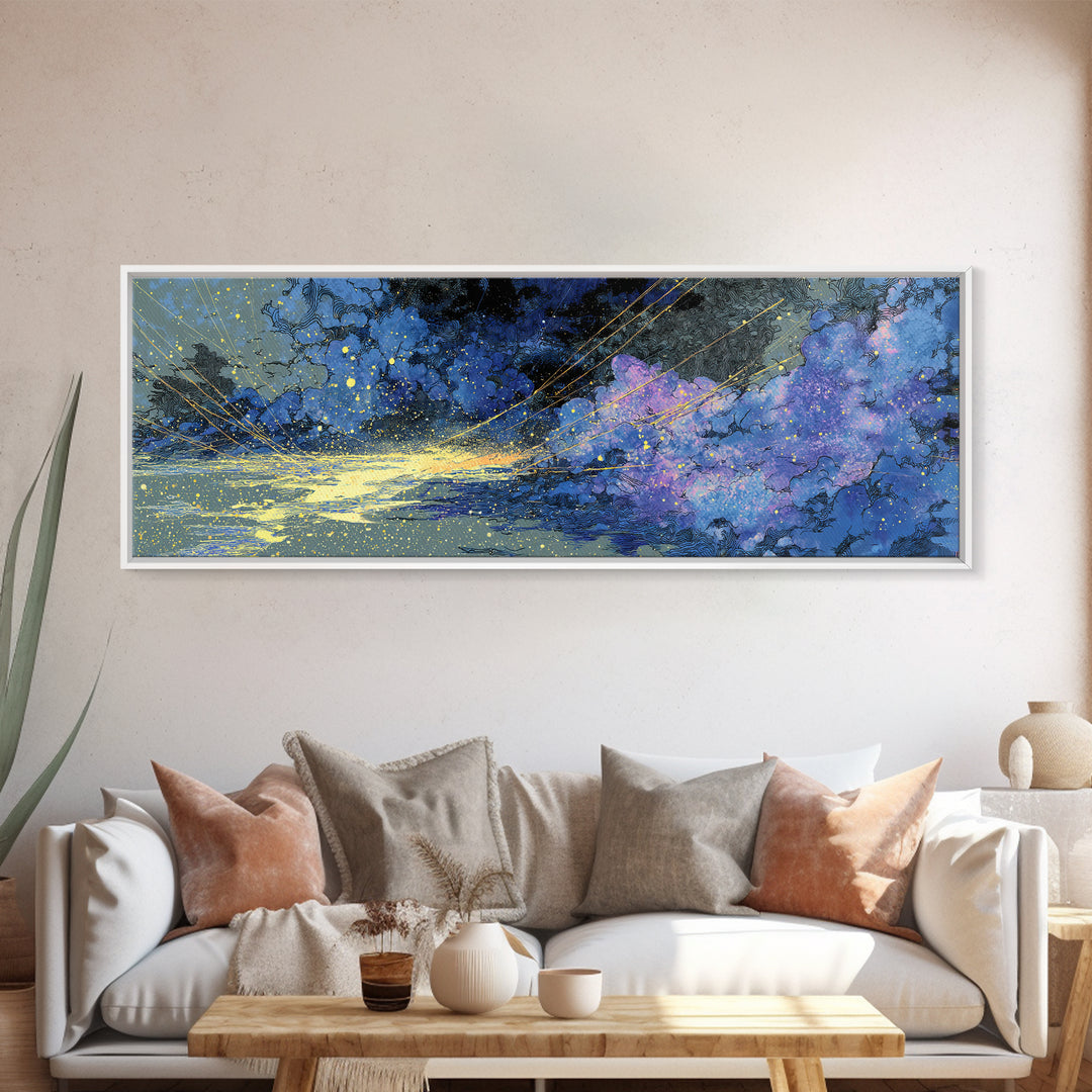 Blue Gold Cosmic Waves With Starry Light, African Abstract Wall Art, Modern Canvas Art, Dreamy Wall Decor, Luxury Home Decor
