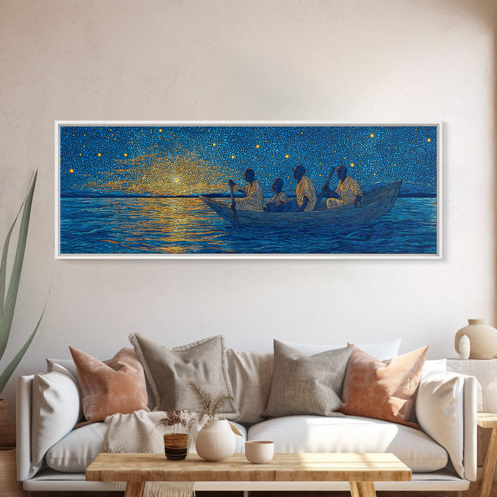 Golden Sunset Canoe Fishermen Wall Art, African Safari Art Print, Blue Lake Landscape, Serene Bedroom Canvas Home Decor Gift