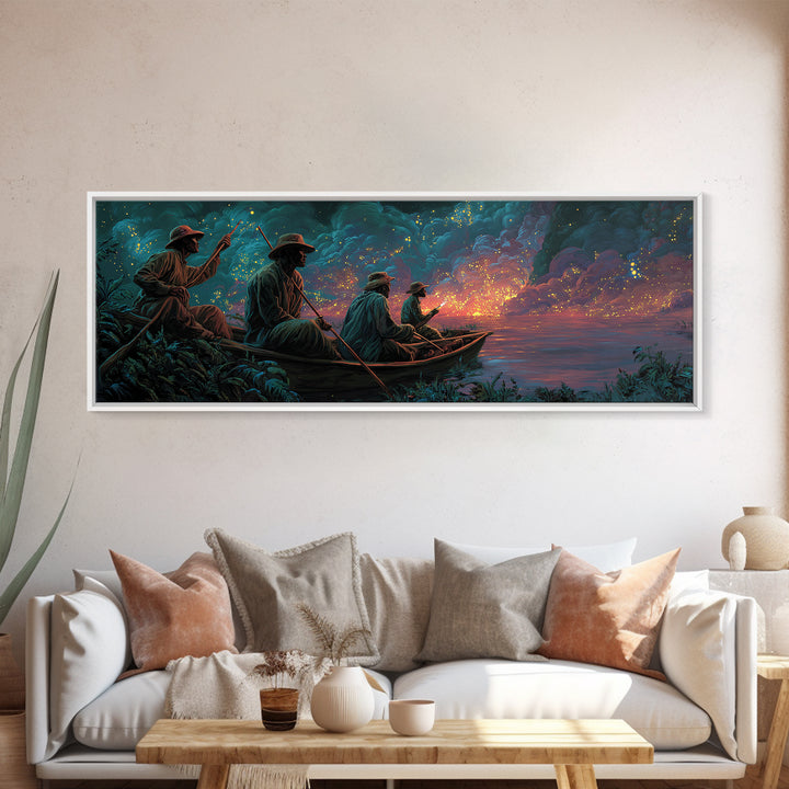 Stormy River Fishermen At Twilight Framed Canvas Print, African Landscape Wall Decor, Moody Safari Art, Unique Home Decor