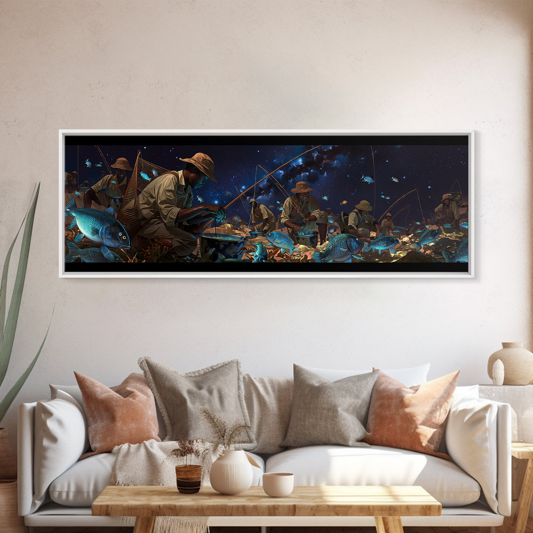 Glowing Blue Fish Night Market Canvas Print, African Fishermen Wall Art, Afrofuturism Decor, Contemporary Gallery Art Gift