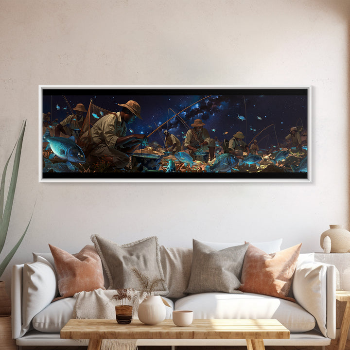 Glowing Blue Fish Night Market Canvas Print, African Fishermen Wall Art, Afrofuturism Decor, Contemporary Gallery Art Gift