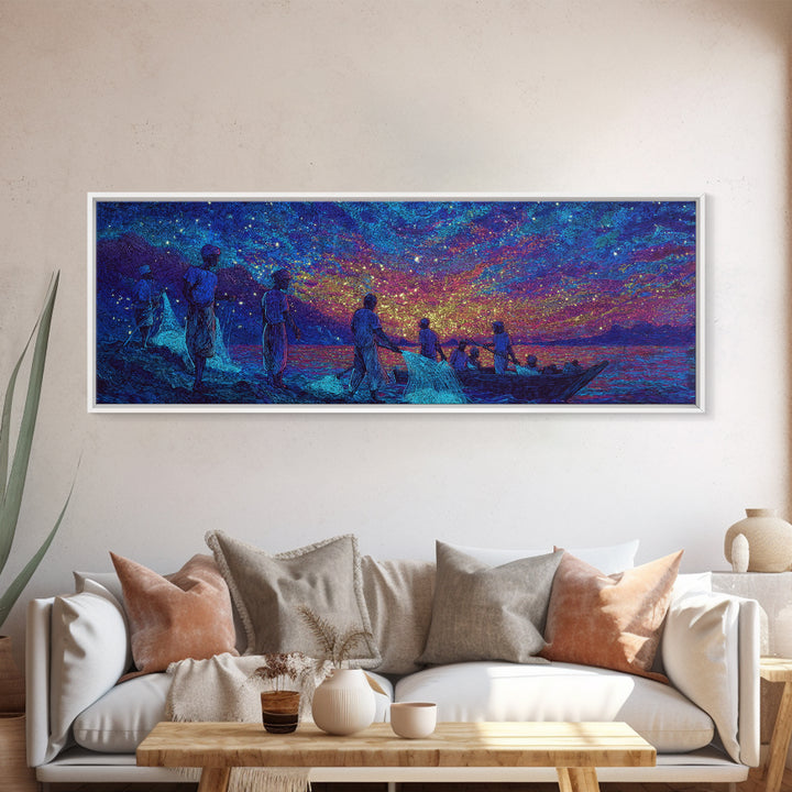 Stargazing Fishermen At Shore Canvas Print, African Wall Art, Vibrant Blue Purple Night, Afrocentric Unique Home Decor Gift