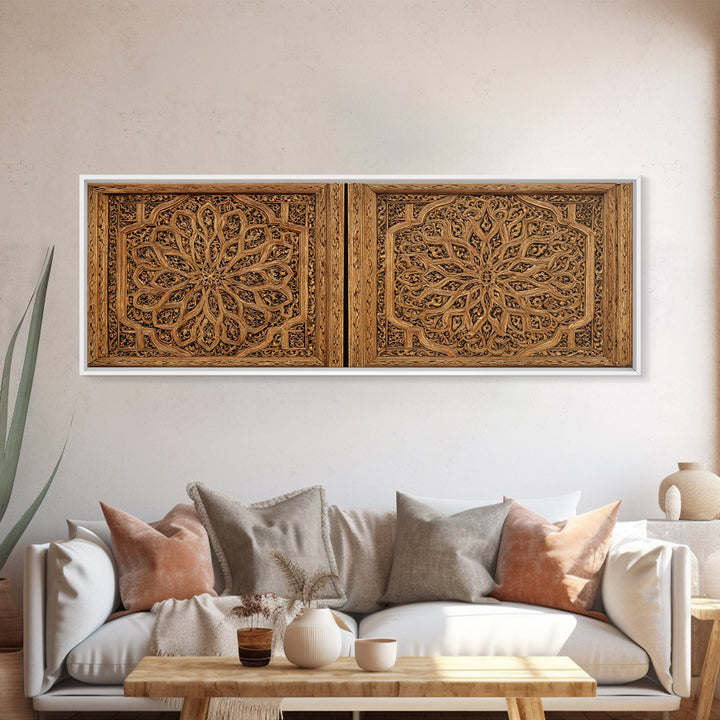 Intricate Carved Floral Panel Framed Canvas Print, African Home Decor, Textured Art Print, Elegant Home Decor, Statement Wall Art