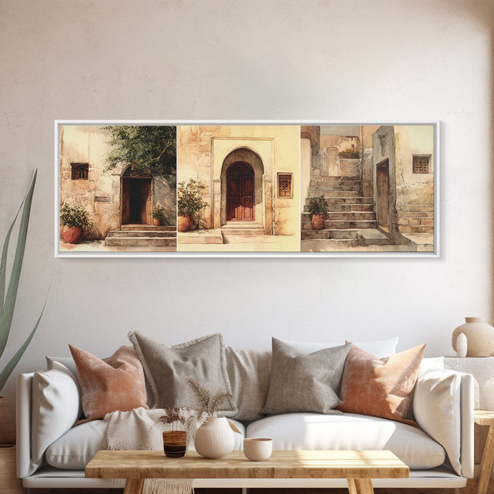 Whitewashed Doorway And Stone Steps Canvas Print, Moroccan Travel, African Home Decor, Beige Wall Art, Rustic Home Decor
