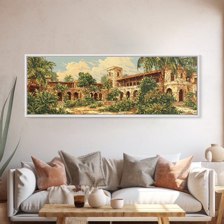 Tropical Courtyard Ruins With Palms Wall Art, African Inspired Landscape, Boho Home Decor, Living Room Canvas Print, Statement Wall Decor