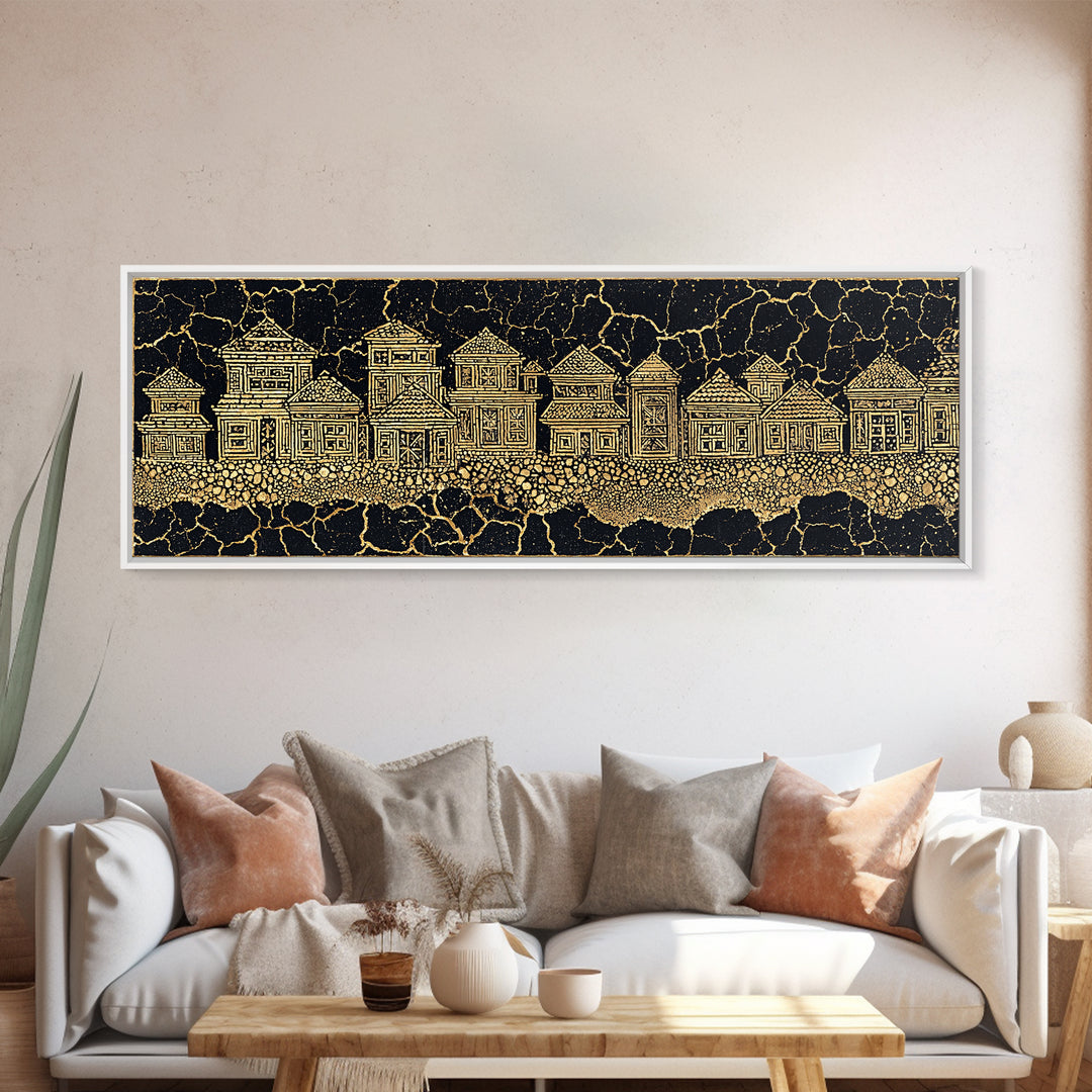 Gold Line Village On Cracked Black Wall Art, African Tribal Art, Ethnic Wall Decor, Modern Canvas Print, Cultural Home Decor