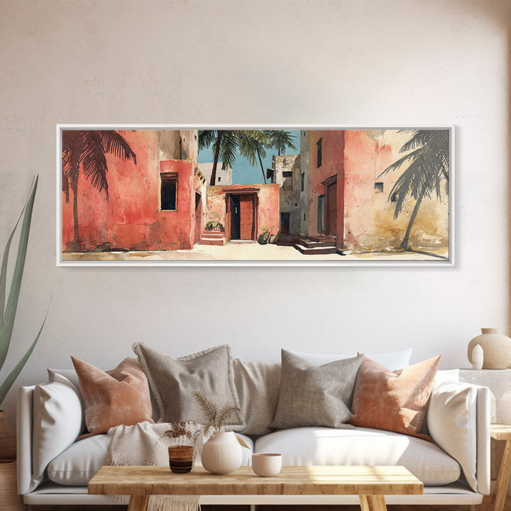 Sunlit Coral Adobe Alley With Palms Canvas Print, Moroccan Travel Poster, African Inspired Wall Art, Boho Bedroom Decor Gift