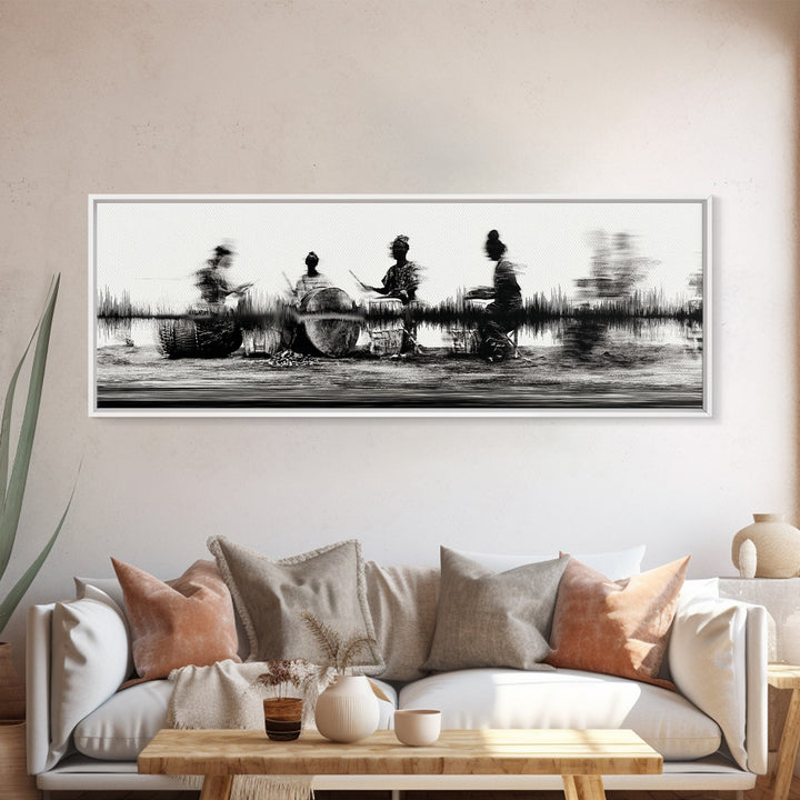 Black And White African Drummers Silhouette Wall Art, Tribal Music Decor, Afrocentric Canvas Print, Cultural Living Room Art