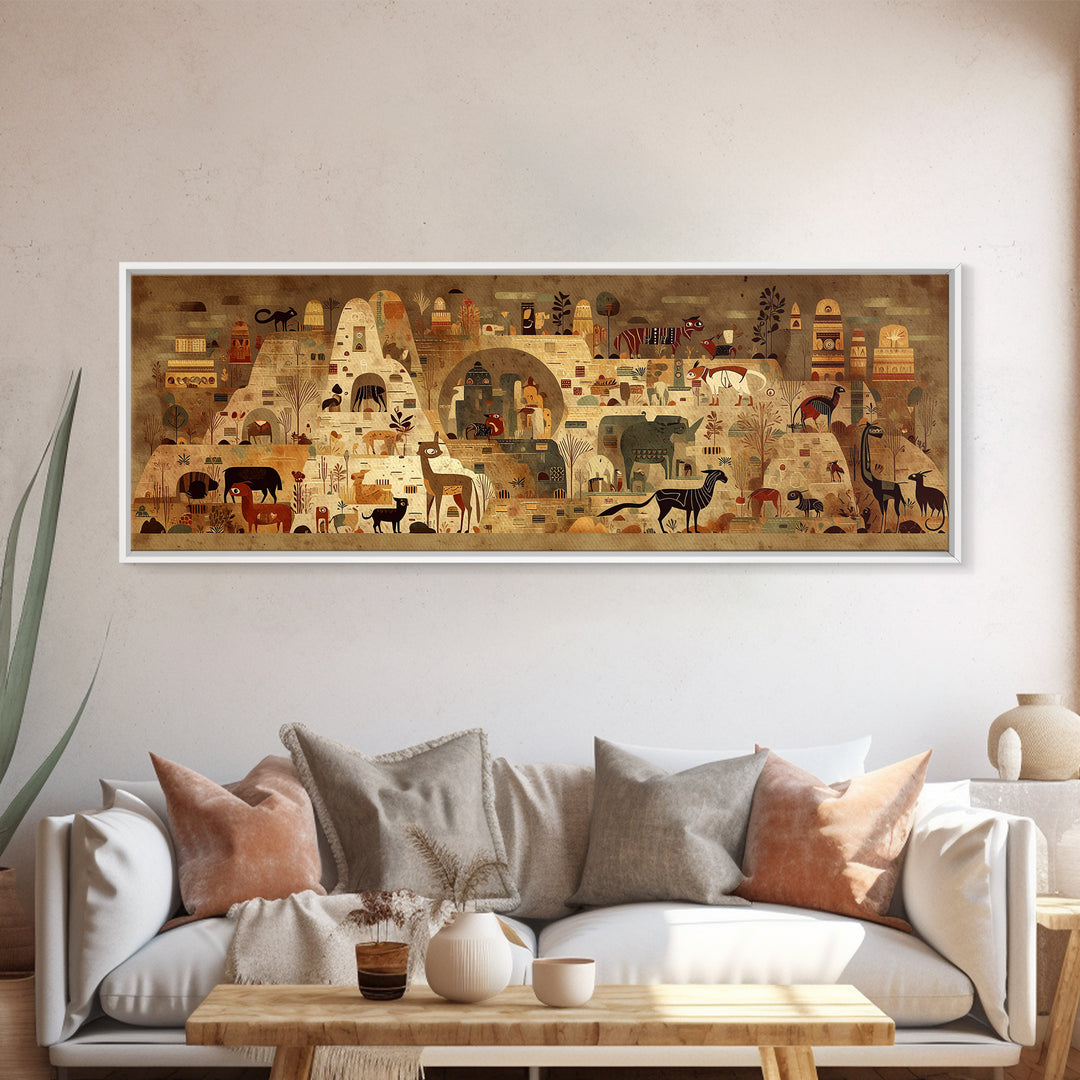 Ancient African Village With Wildlife And Huts Canvas Print, Safari Landscape Wall Decor, Tribal Culture Art For Living Room