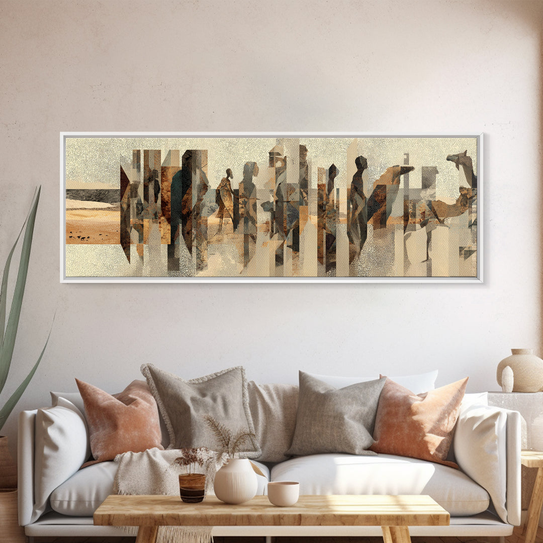 Abstract Desert Caravan With African Women Silhouettes Canvas Print, Minimalist Earth Tone Wall Decor, Cultural Portrait Art