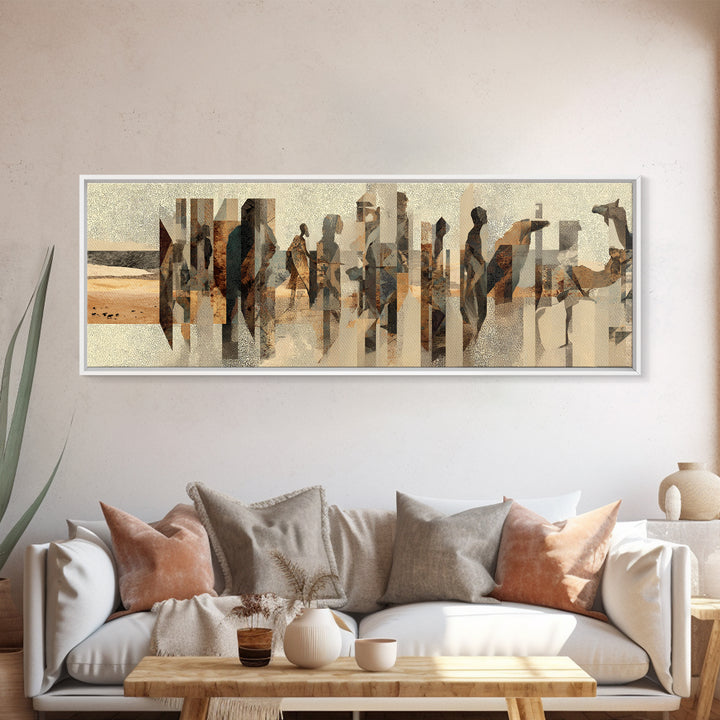 Abstract Desert Caravan With African Women Silhouettes Canvas Print, Minimalist Earth Tone Wall Decor, Cultural Portrait Art