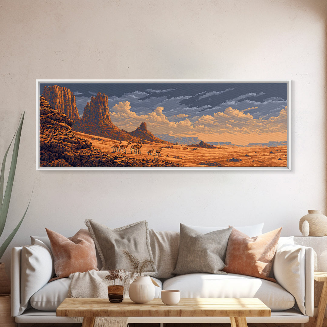 Golden Desert Safari With Antelope Herds And Mesas Wall Art, African Landscape Decor, Serengeti Inspired Canvas Print Gift