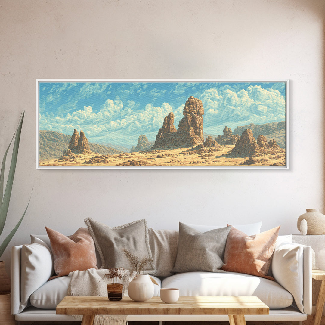 Sunlit Desert Rock Spires And Turquoise Sky Canvas Print, African Landscape Wall Decor, Dreamy Nature Scene Art For Home