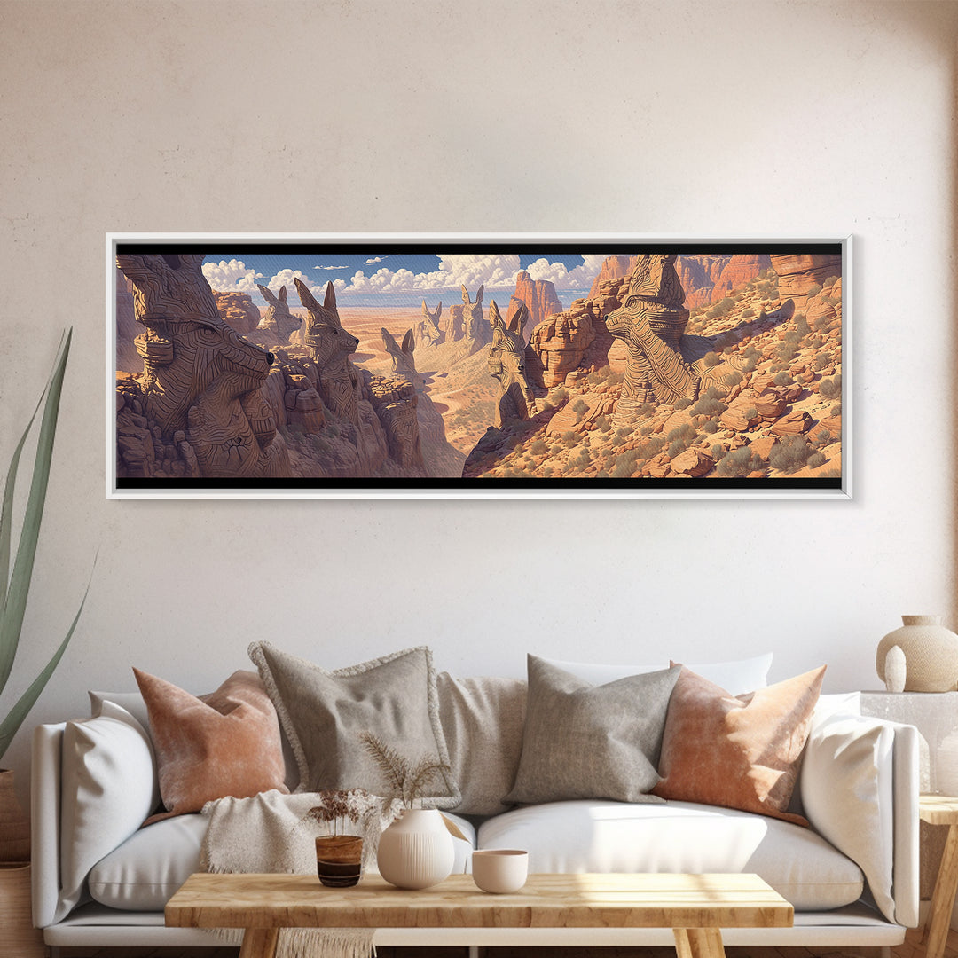 Carved Canyon Faces And Monument Valley Cliffs Wall Art, African Inspired Tribal Landscape Decor, Fantasy Canvas Print Gift