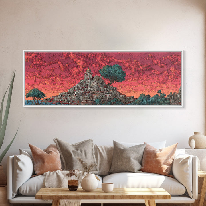 Ancient Stepped City Under Coral Sky Canvas Print, African Inspired Architecture Wall Decor, Mystical Travel Art For Home