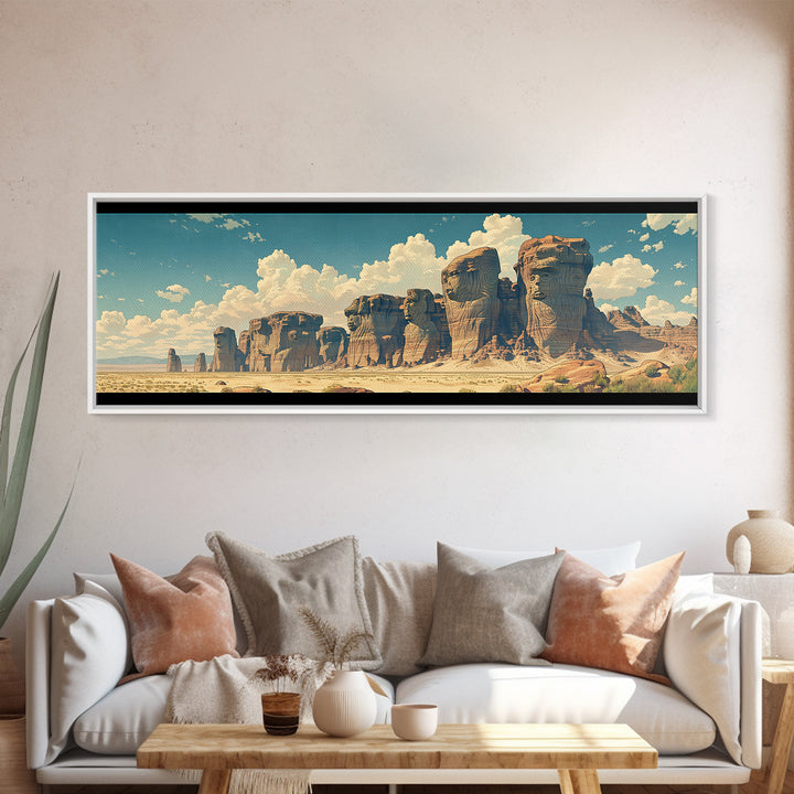 Weathered Desert Monoliths And Sunlit Sand Cliffs Framed Canvas Print, African Landscape Wall Decor, Large Safari Art Gift