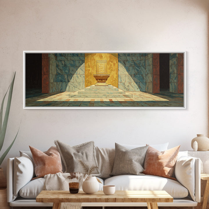 Turquoise Sunlit Temple Pedestal Canvas Print, Geometric Wall Art, Cultural Art Print, Modern Home Decor Gift, Unique Canvas Art