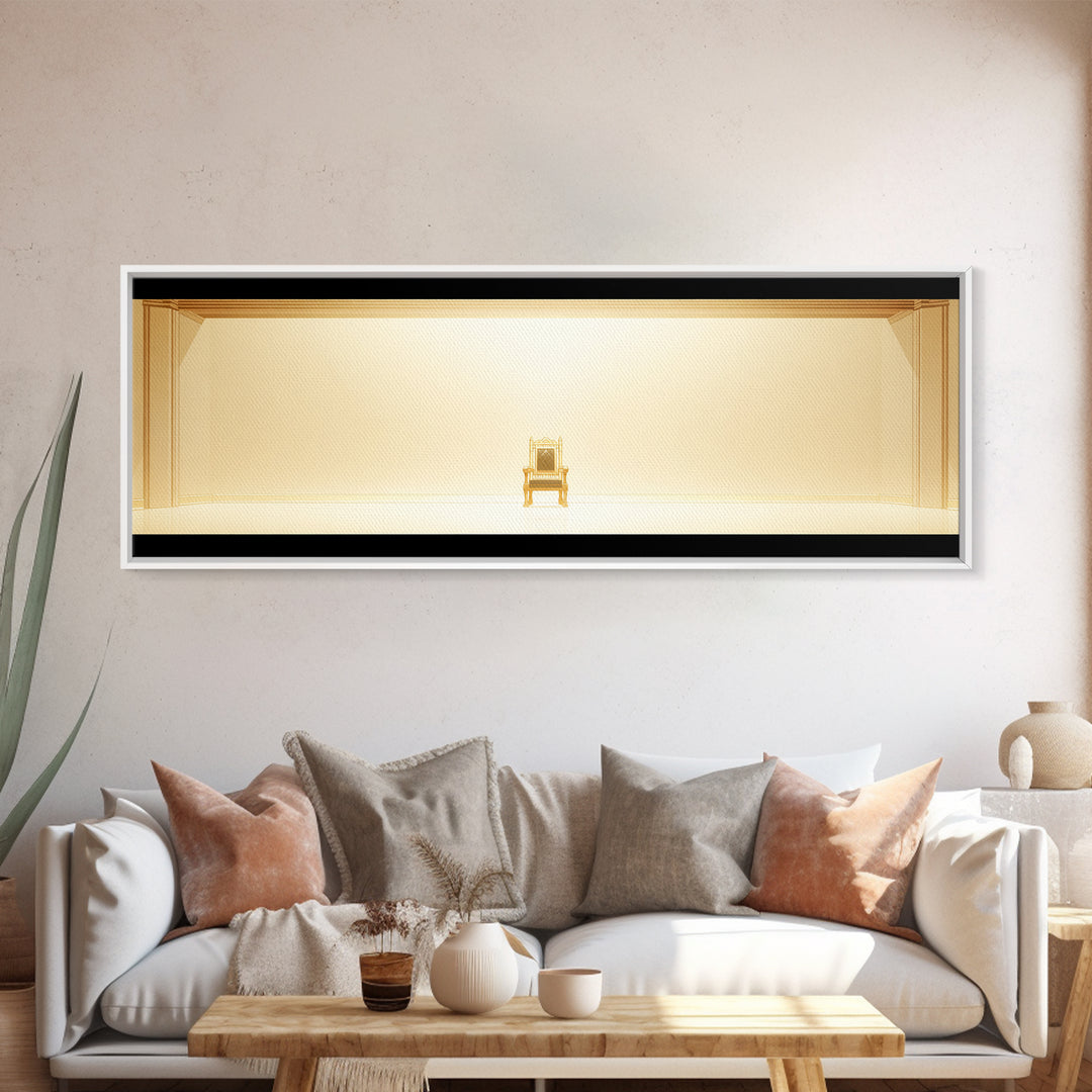 Minimal Golden Throne In Luminous Hall Framed Canvas Print, Minimalist Wall Art, Luxury Art, Elegant Home Decor Gift, Ready To Hang Art