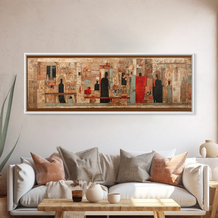 Ancient Textured Mural With Silhouetted Figures Wall Art, Cultural Wall Art, Ethnic Art Print, Abstract African Art Decor