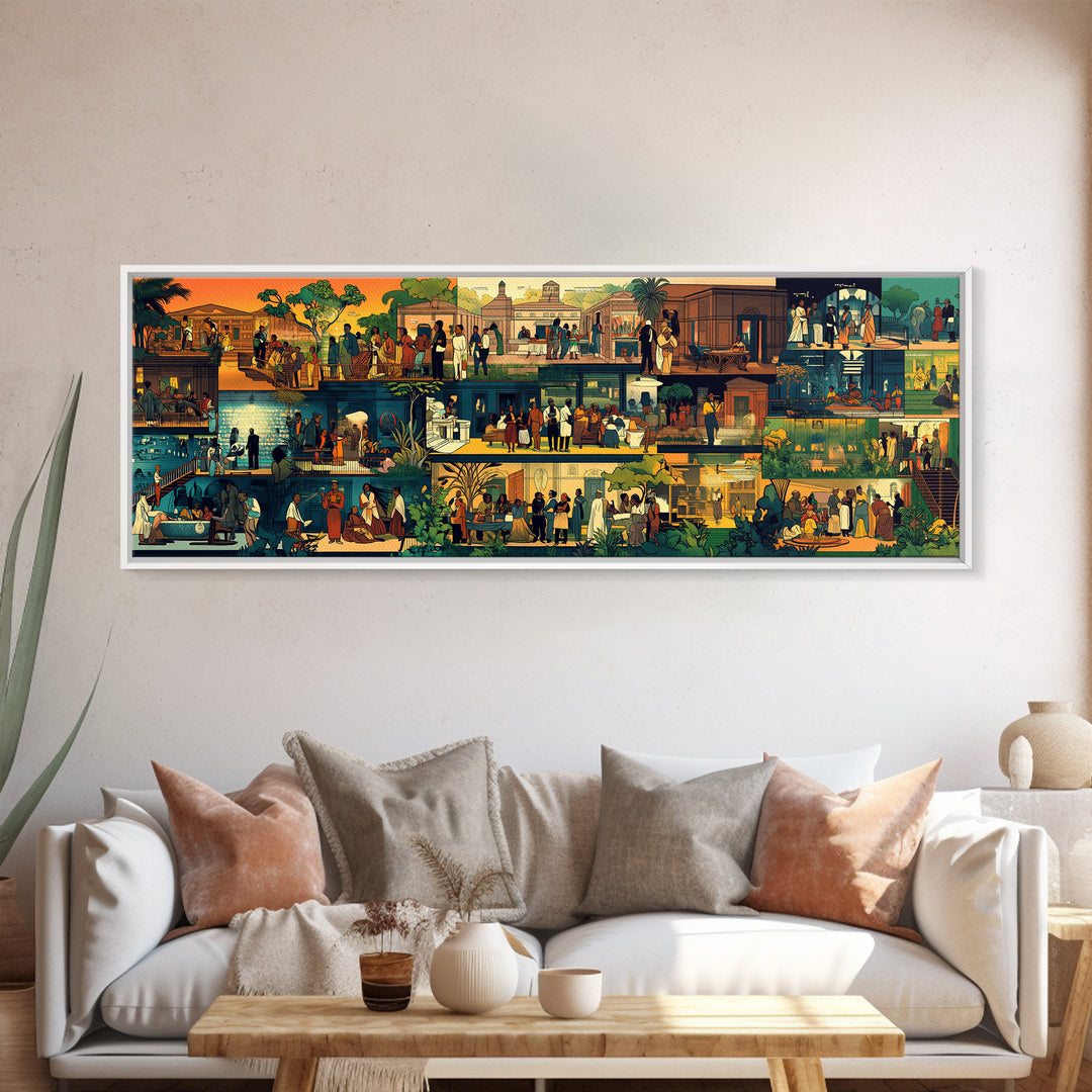 Vibrant African Village Scenes Wall Art, Narrative Marketplace Painting, Cultural Home Decor, Afrocentric Gallery Print Gift