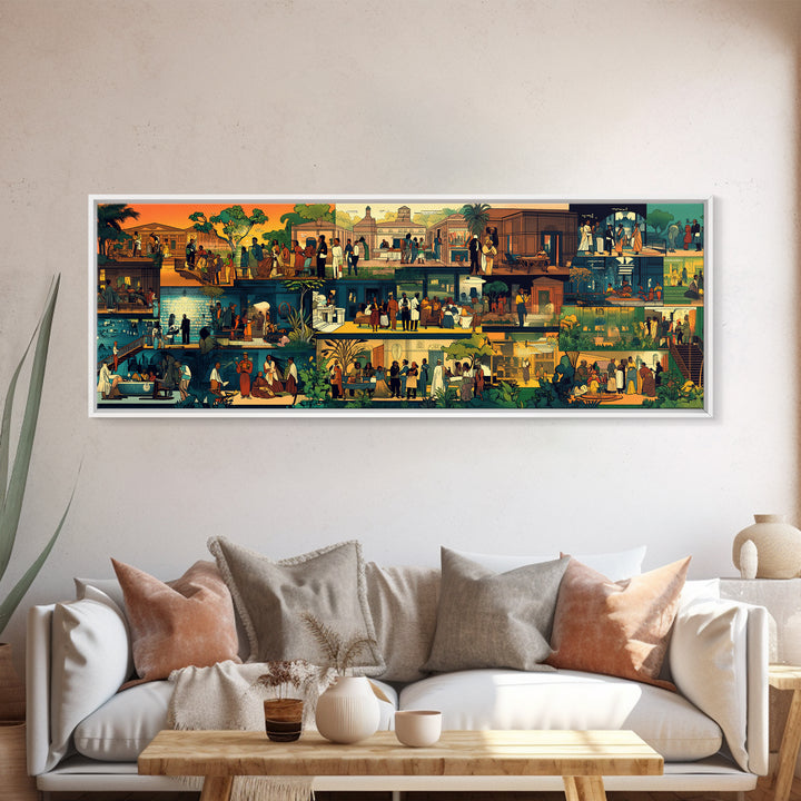 Vibrant African Village Scenes Wall Art, Narrative Marketplace Painting, Cultural Home Decor, Afrocentric Gallery Print Gift