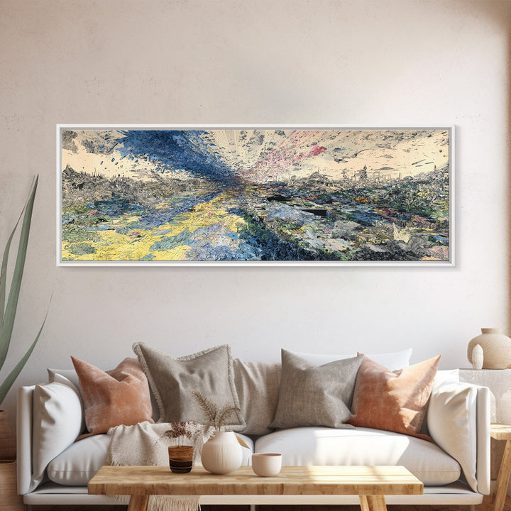 Stormy African Landscape Canvas Print, Abstract Aerial City View, Blue Yellow Modern Wall Decor, Panoramic Statement Art