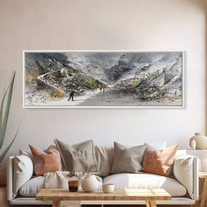 Monochrome African Modern Hall Canvas Print, Grand Interior Crowd Scene, Abstract Architecture Wall Art, Large Office Decor