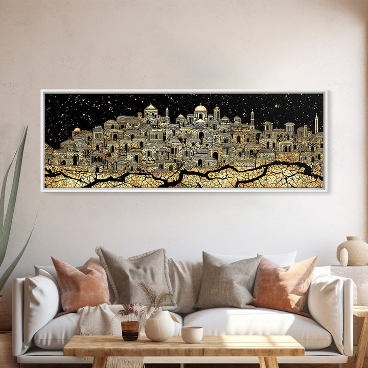 Gold African Night City Wall Art, Starry Palace Skyline, Black And Gold Cultural Decor, Panoramic Canvas Print Gift For Home
