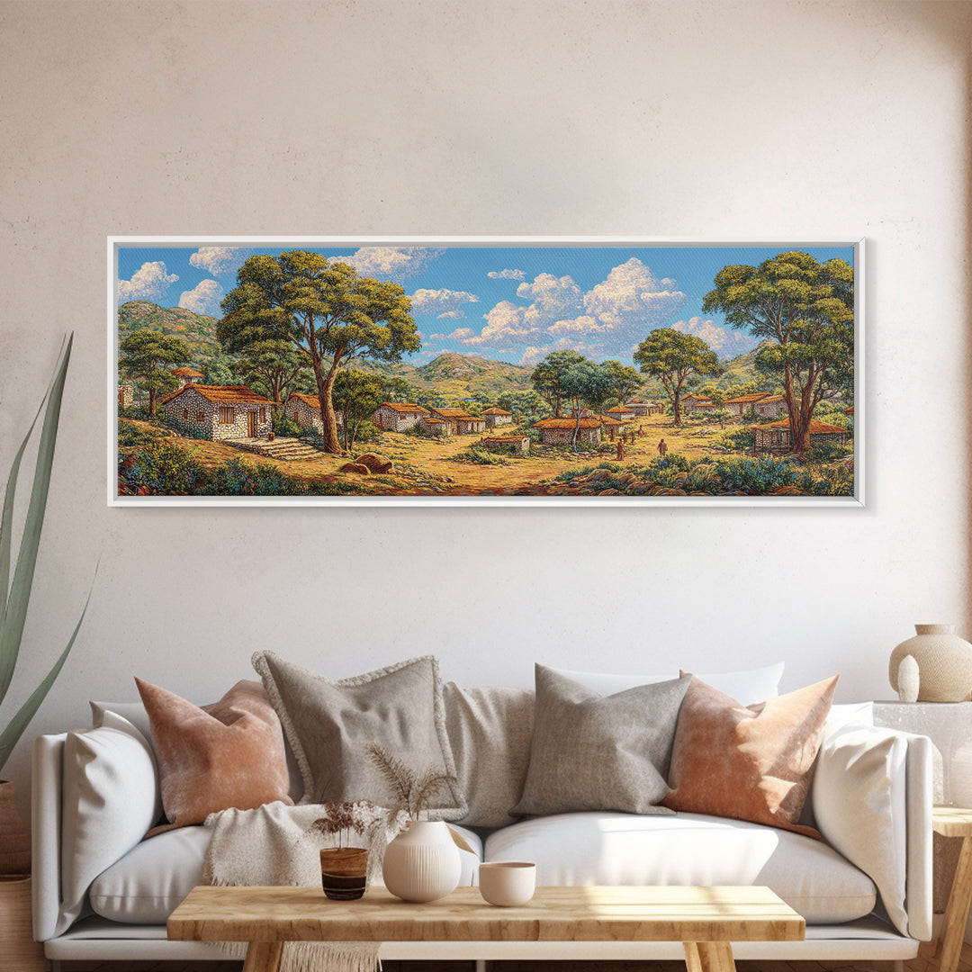 Sunlit African Countryside Landscape Wall Art, Village Nature Scene, Safari Decor, Earth Tone Panoramic Living Room Print