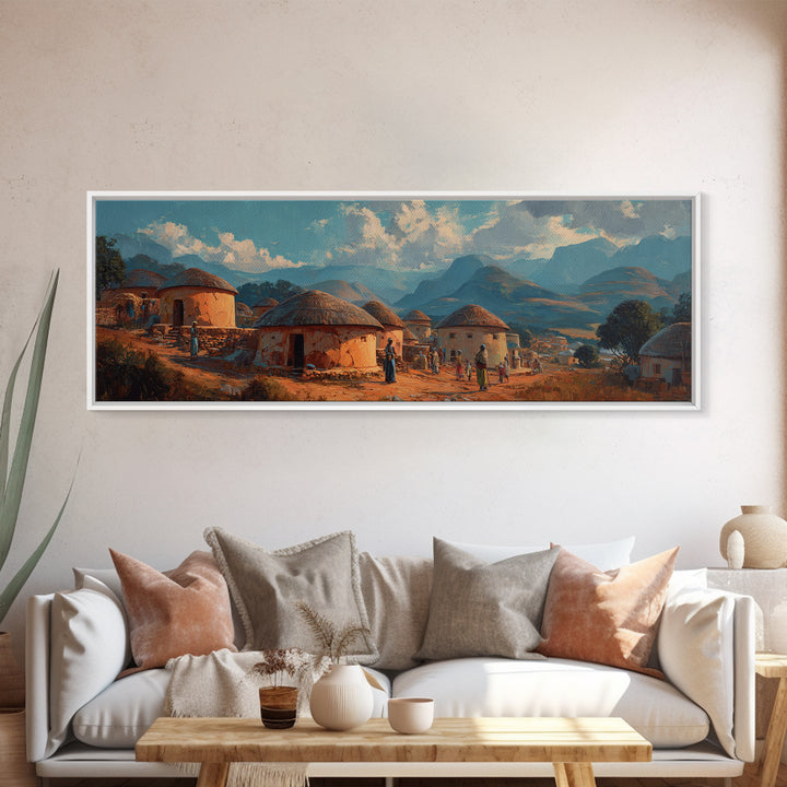 Traditional Round Hut Village Canvas Print, African Landscape Wall Art, Cultural Home Decor, Mountain Sunset Room Accent