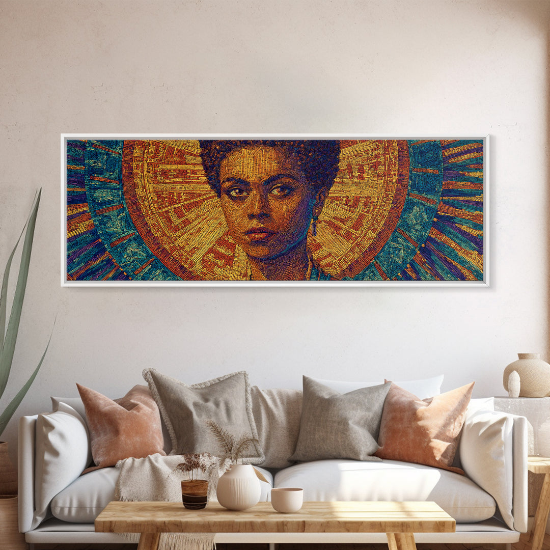 Regal Black Woman With Golden Halo Framed Canvas Print, Afrocentric Wall Art, African Queen Portrait, Melanin Decor Gift