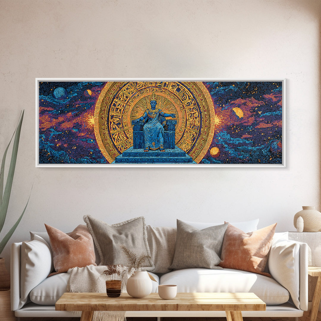 Cosmic African Goddess On Throne Canvas Print, Spiritual Wall Art, Afrocentric Decor, Gold Black Mystical Statement Piece