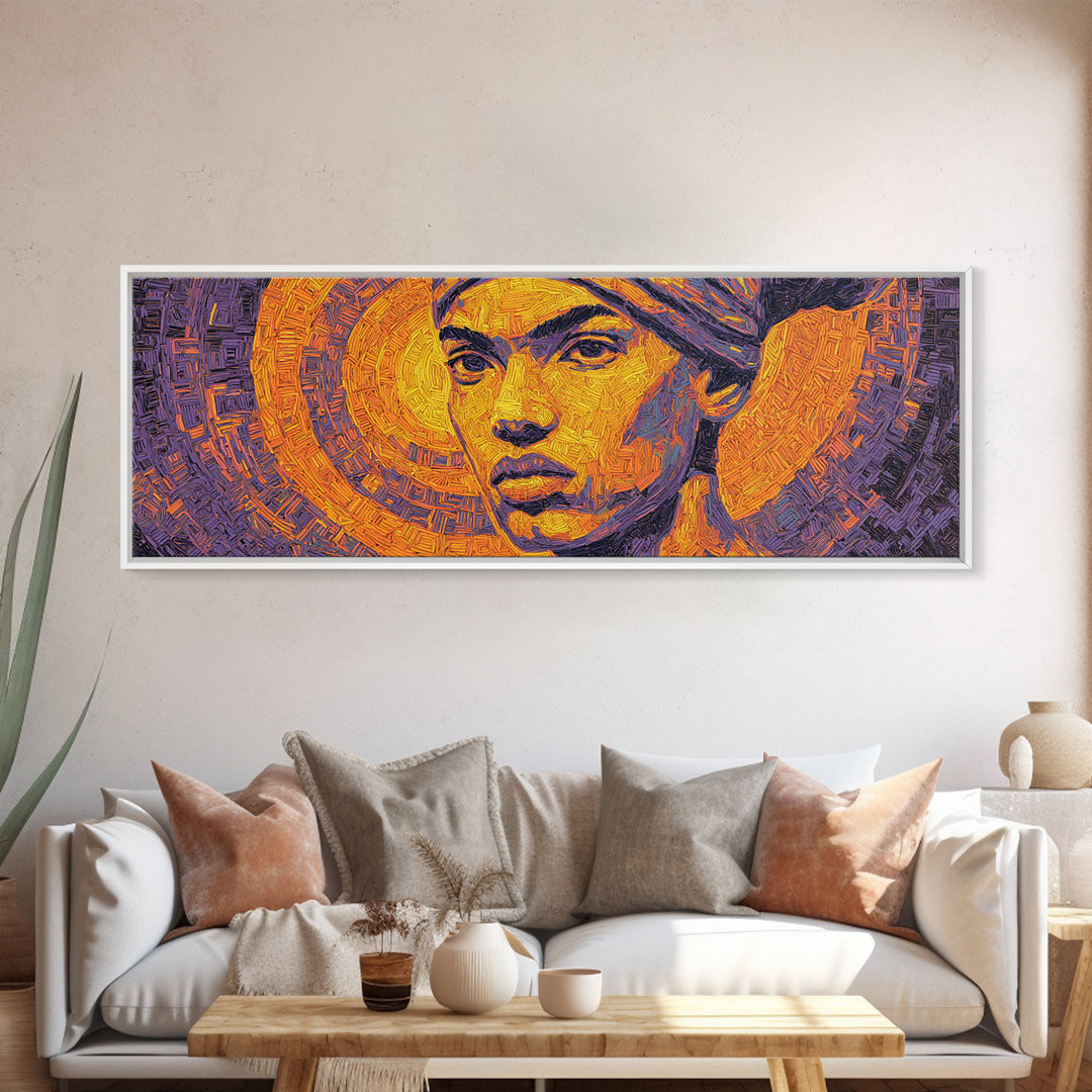 Bold African Woman Geometric Portrait Canvas Print, Abstract Wall Art, Afrocentric Decor, Orange Purple Statement Piece Gift