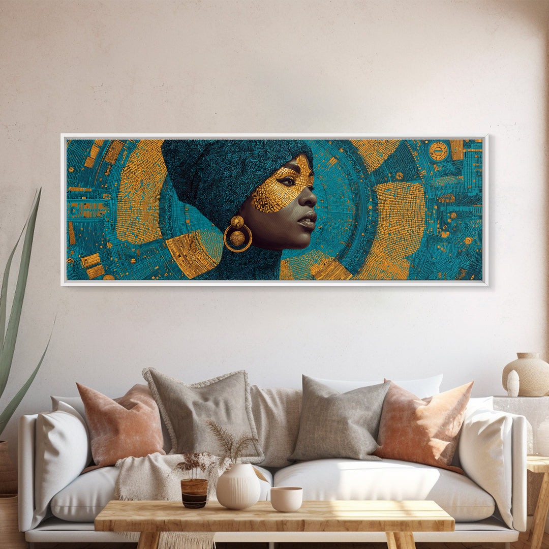 Elegant Black Queen Profile Framed Canvas Print, African Woman Art, Teal Gold Afrocentric Wall Decor, Melanin Portrait Gift