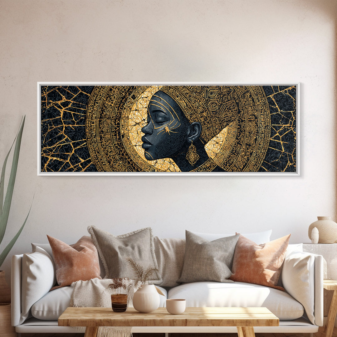 Golden Profile Black Woman Portrait, Abstract African Art Framed Canvas Print, Afrocentric Wall Art, Elegant Home Decor