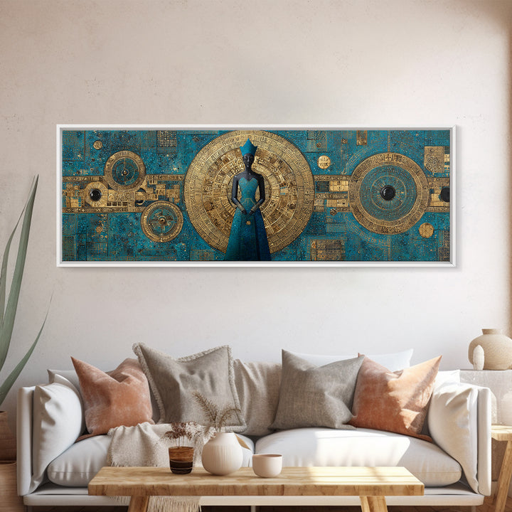 Blue And Gold African Goddess Figure, Geometric African Wall Art, Luxury Canvas Print, Afrocentric Living Room Decor Gift