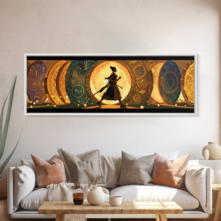 Walking African Woman Silhouette, Golden Portal Wall Art, Modern African Art Canvas Print, Boho Afrocentric Home Decor Gift