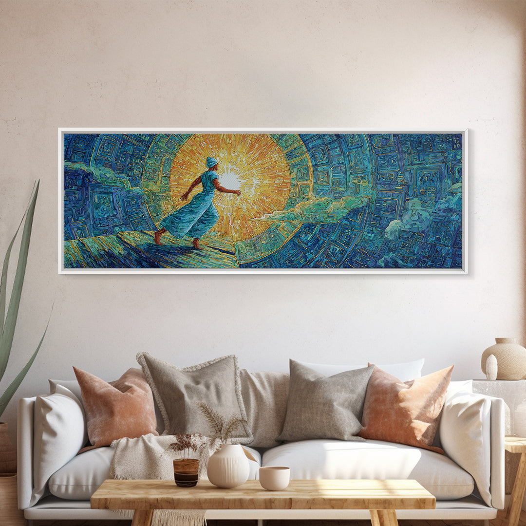 Blue Robed African Woman In Sunlight, Abstract Wall Art, Dreamy Canvas Print, Textured African Art Living Room Decor Gift