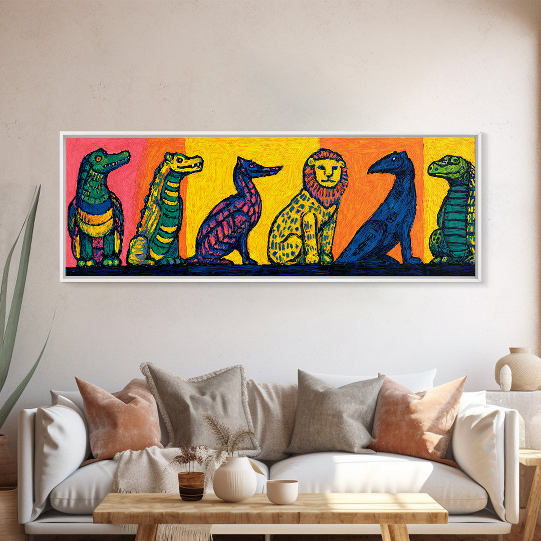 Vibrant Whimsical Safari Animal Lineup, Bright Colorful African Wall Art, Jungle Canvas Print, Playful Kids Room Decor Gift
