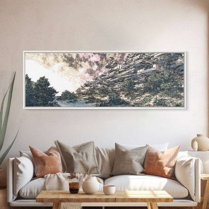 Riverside Brutalist Architecture Wall Art, Modern Landscape Print, Blue Green Urban Nature Decor, Contemporary Canvas For Office