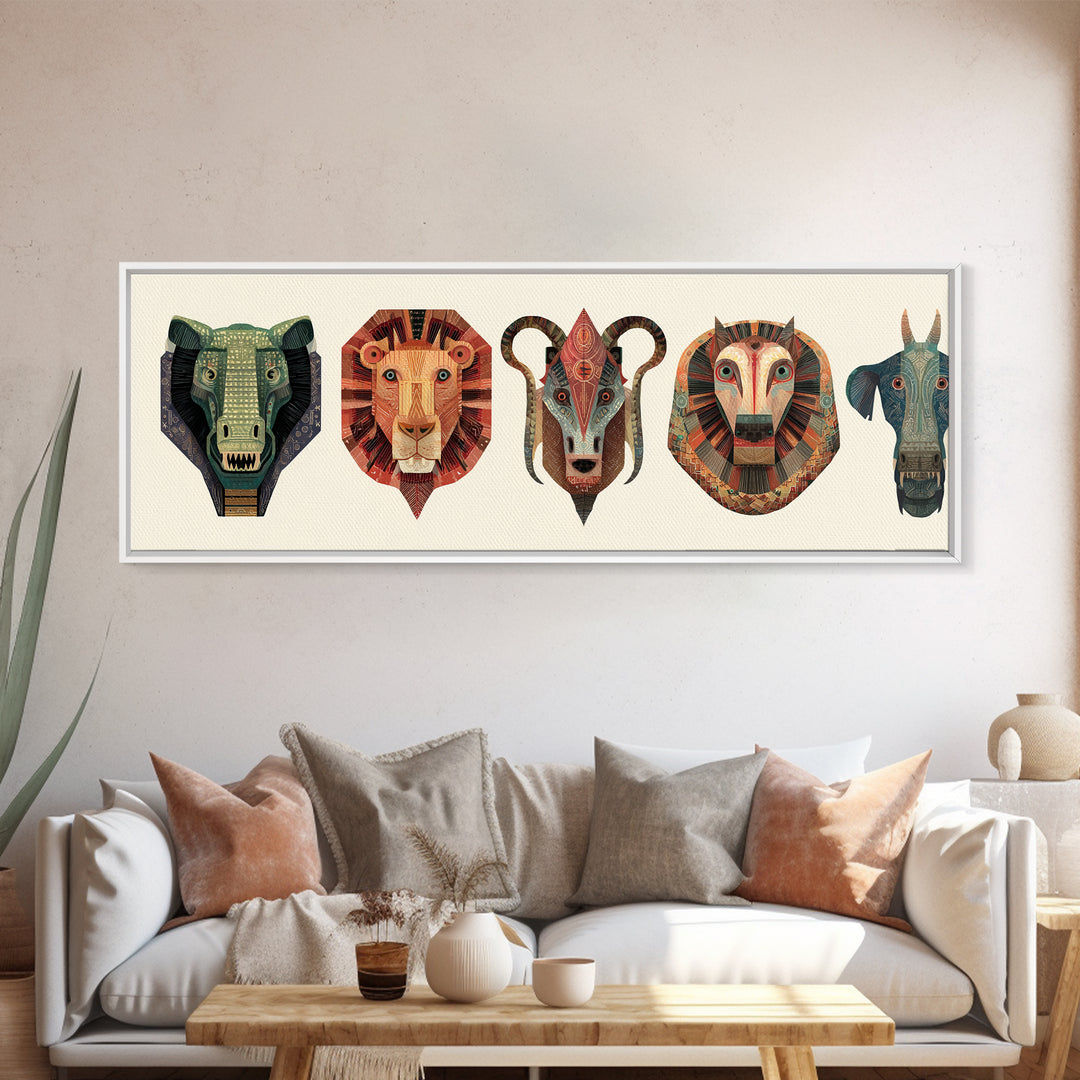 African Animal Mask Collection Framed Canvas Print, Elephant Lion Ram Baboon Tribal Wall Art, Safari Decor For Bold Home